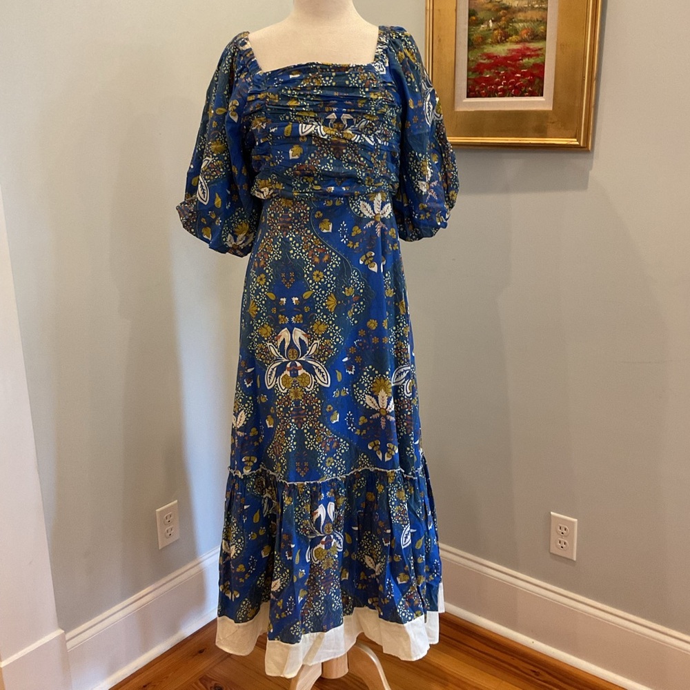 Anna Cate Alianna Midi Dress‎ Blue Lime Print Puff Sleeve NWT